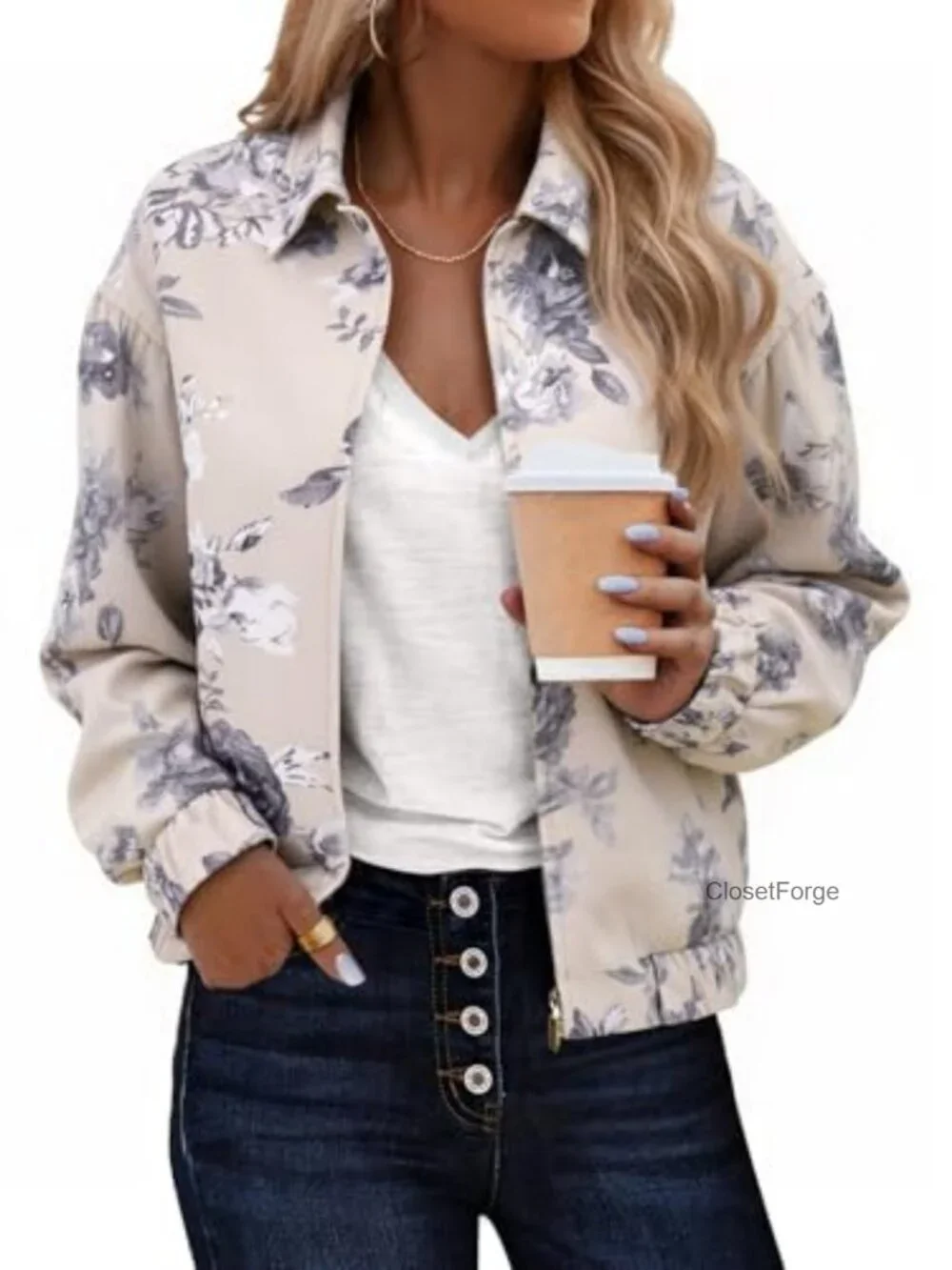 Floral Zip-up Bomber Jacket Denim Long Sleeve Trendy Vintage
